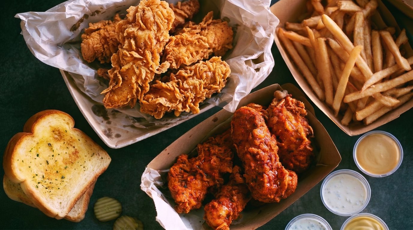 Chicken tenders two ways with garlic Texas toast, pickles, fries, and dips