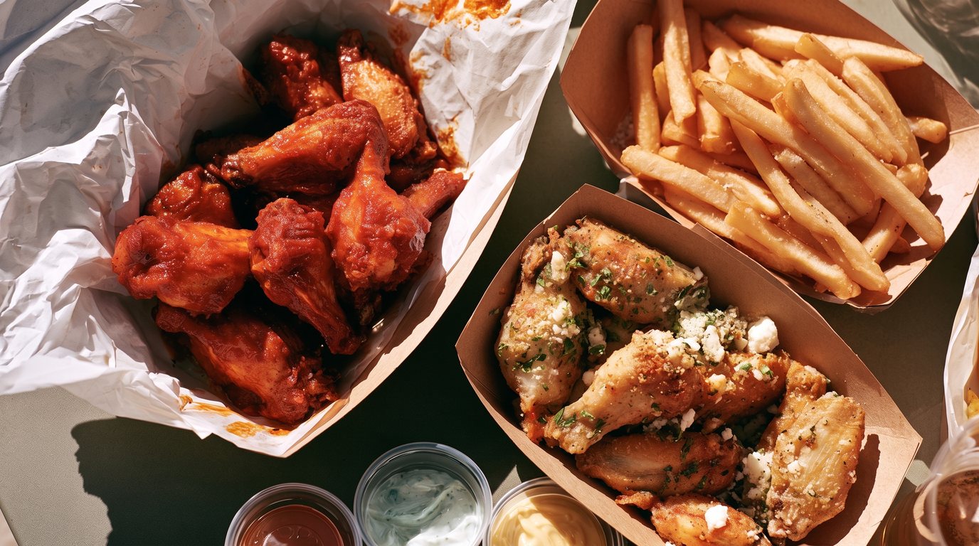 Black catering tray of assorted wings with fries and dips